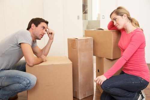 Packed office items ready for a commercial move in Balham